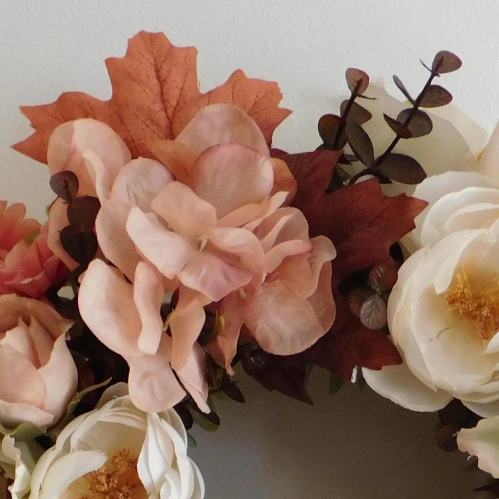 15 Inch Autumn Floral Wreath Fall Candle Ring Table Cream Rose Mauve Hydrangea